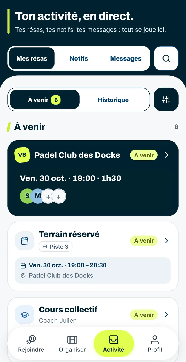 Écran Activité : réservations à venir
