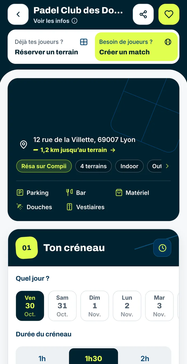 Page d’un club partenaire : créneaux libres