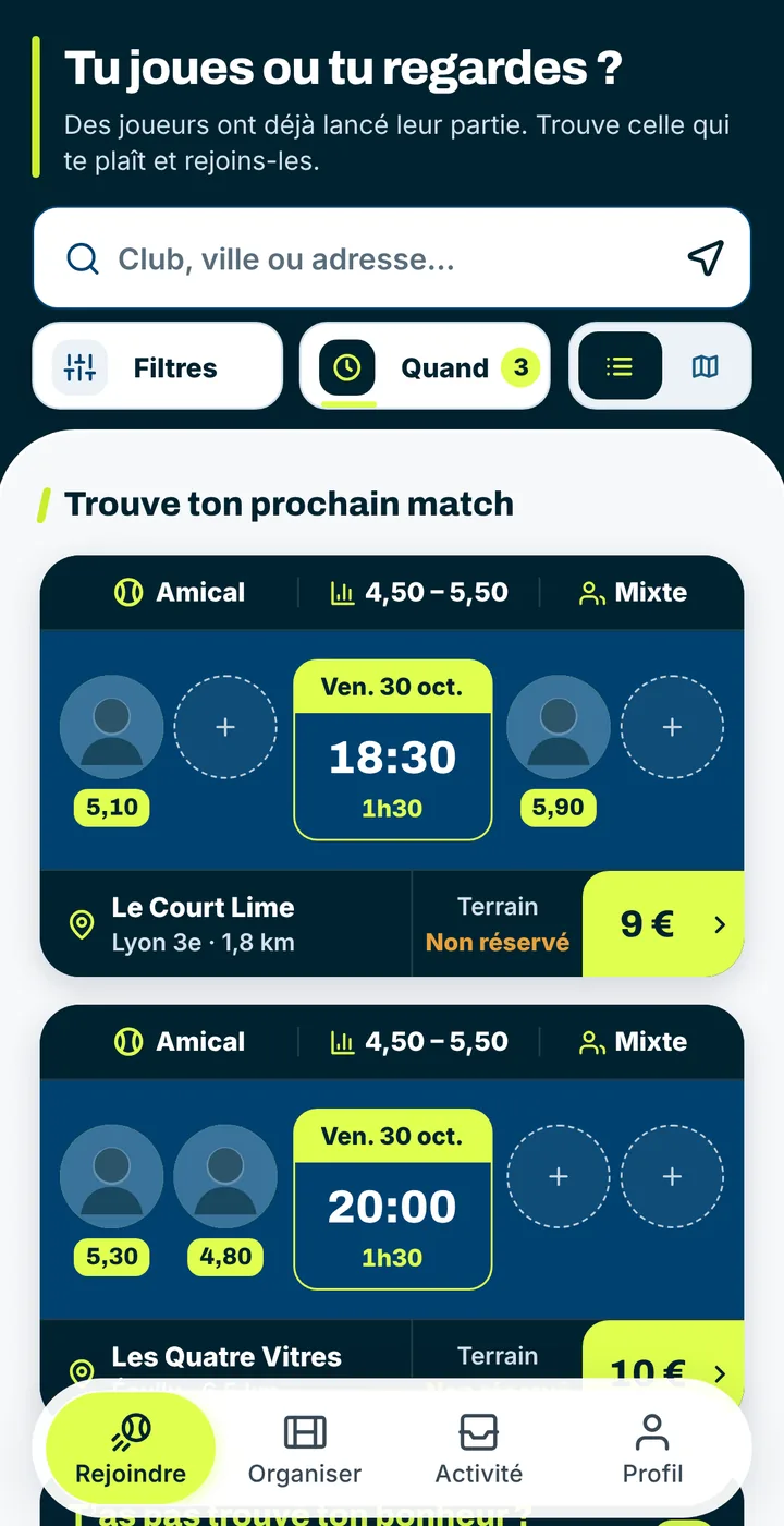 Écran Rejoindre de Compii : matchs proposés près de chez toi