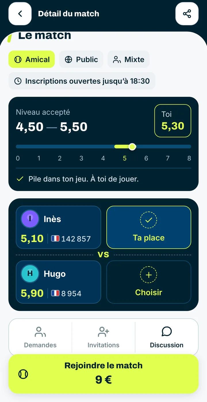 Détail du match : niveau accepté et joueurs