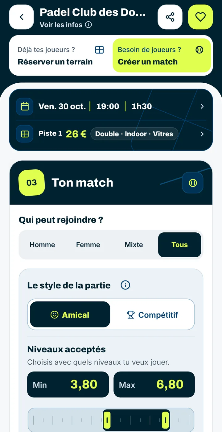 Création d’un match dans Compii : style de la partie et niveaux acceptés