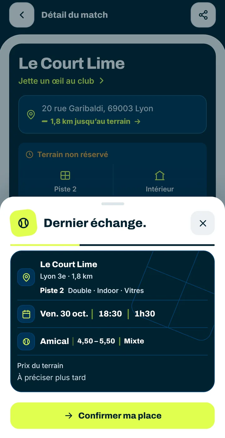 Récapitulatif avant de confirmer sa place