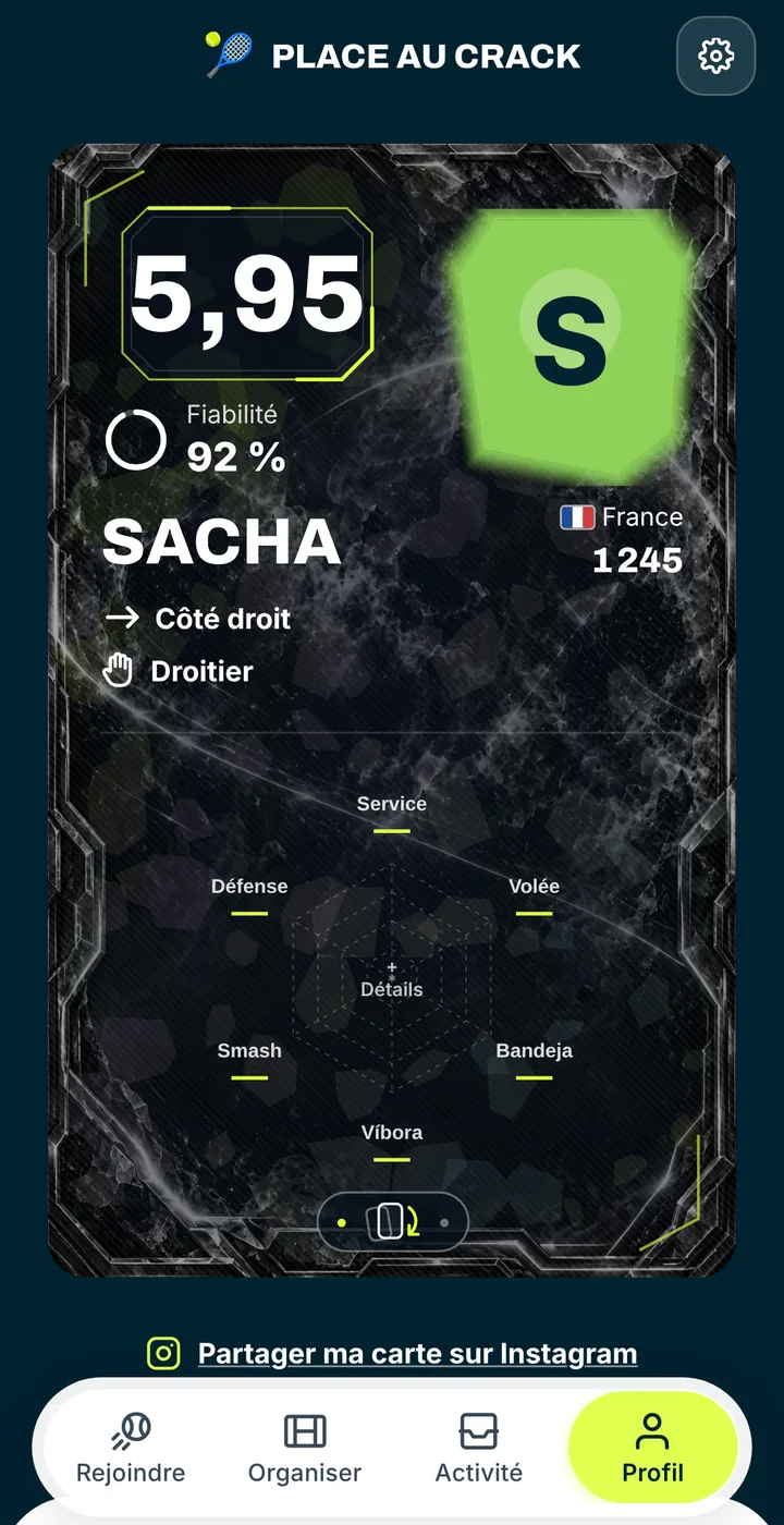 Écran Profil : carte joueur