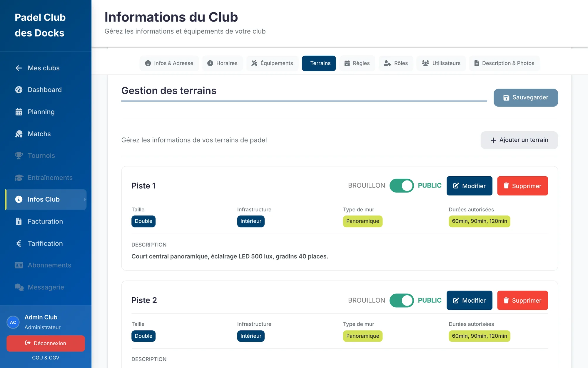 Configuration des pistes du club