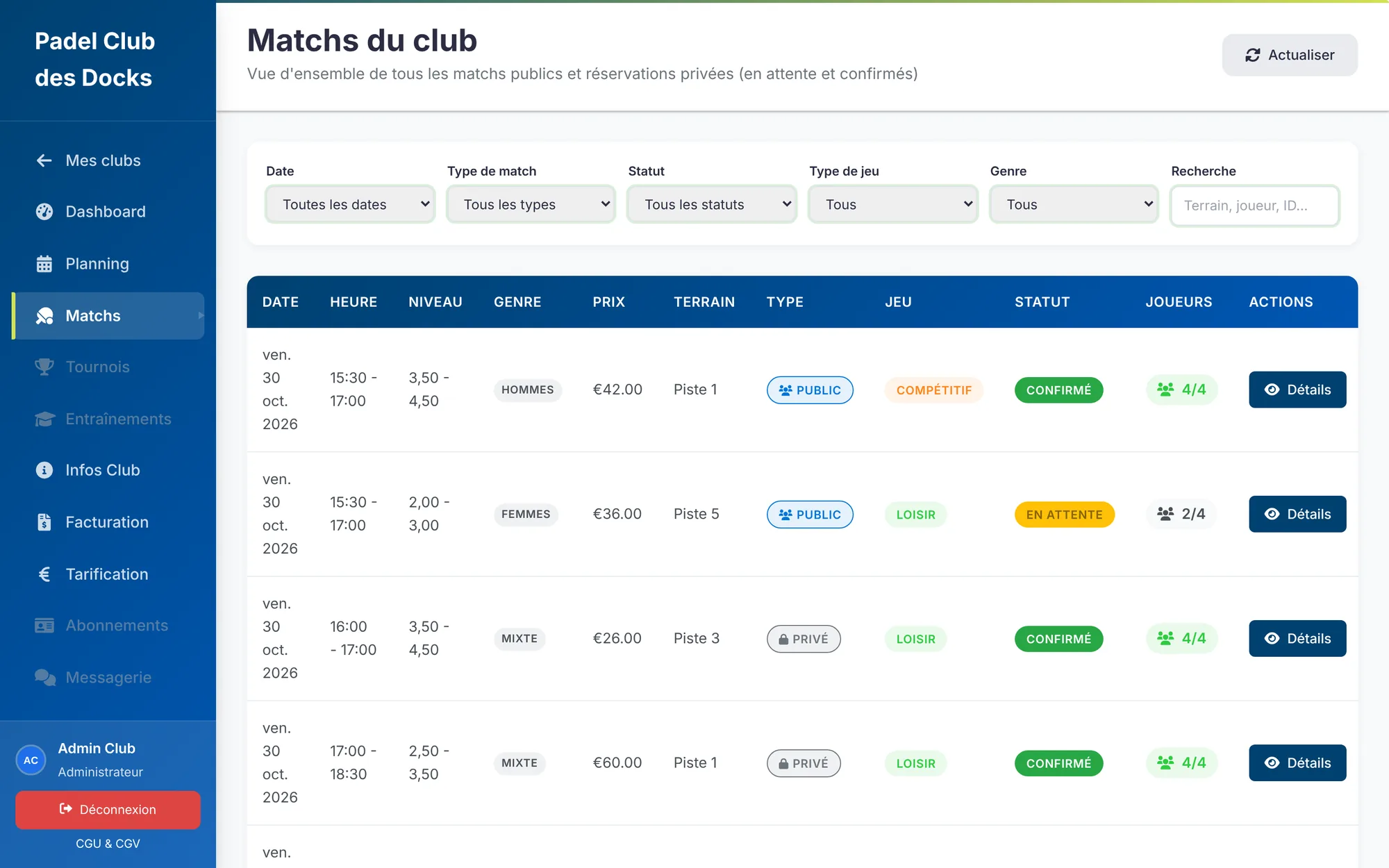 Liste des matchs du club